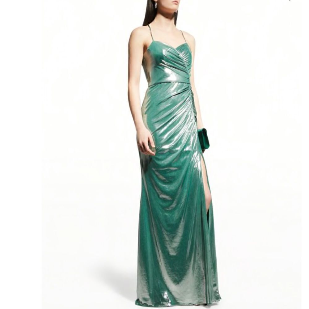 Marchesa Notte Jade Ruched Sleeveless Lame Gown